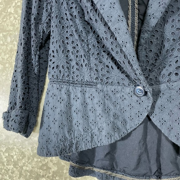 Anthropologie LeifNotes Navy Blue Eyelet Lace Blazer - Size 10 - Boho Jacket - Picture 4 of 7